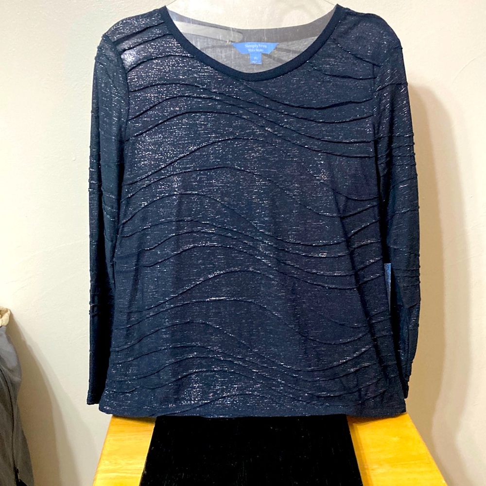 Simply Vera Vera Wang Navy Blue Silver Metallic Crew Neck Long Sl Top PL